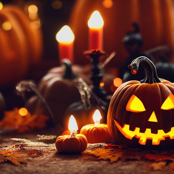 A beautiful Halloween scenery with a pumpkin and candles